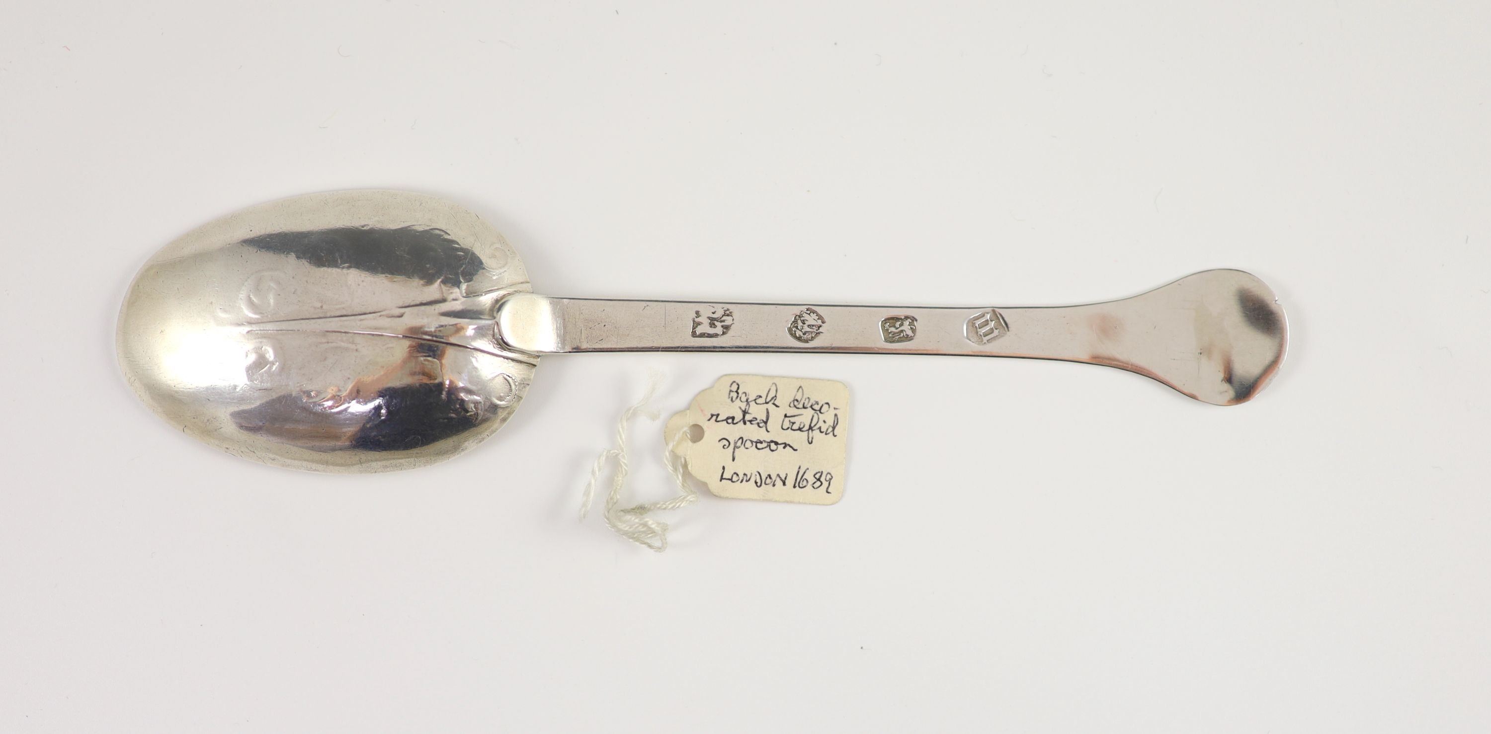 A William & Mary silver trefid spoon, London, 1689, attributed to Lawrence Coles, 19.5cm long, 1.8 oz.